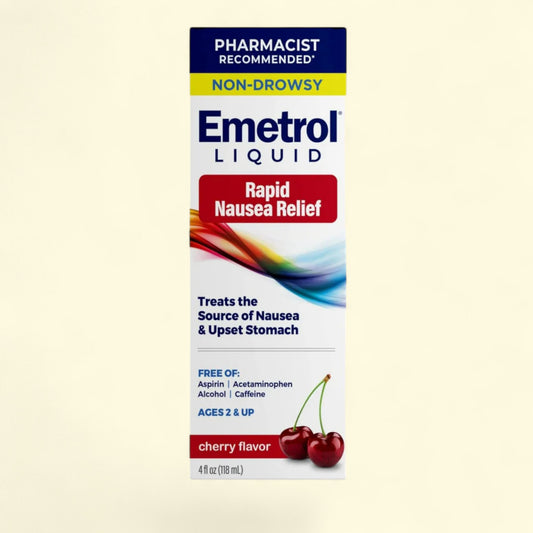 Emetrol Liquid packaging with cherry flavor indication on a beige background