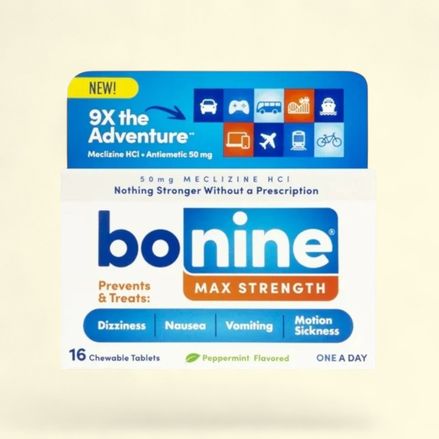 Bonine Max Strength packaging on a beige background