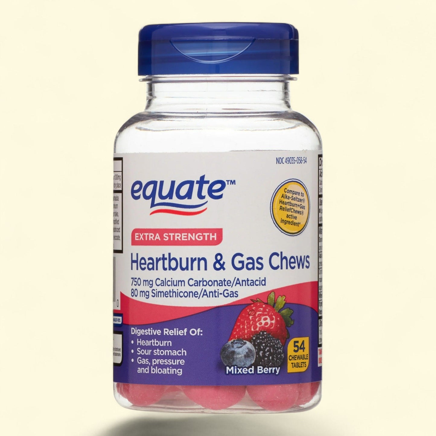 Equate Heartburn Relief + Gas Relief Chews, Mixed Berry, 54 Chewable Tablets