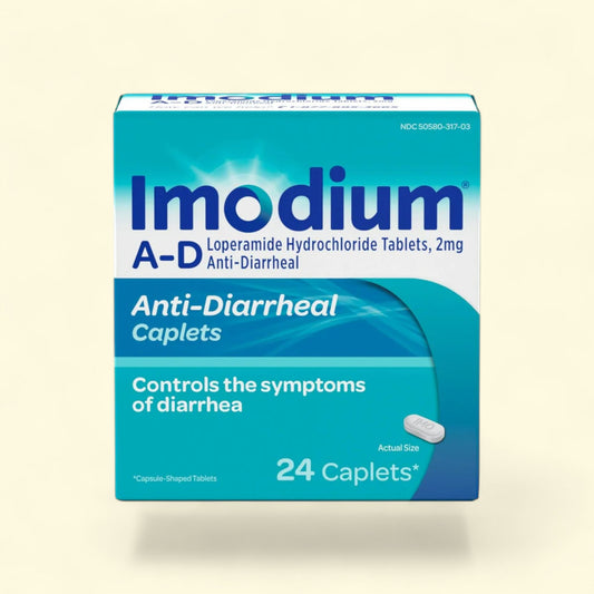 Imodium A-D anti-diarrheal caplets packaging on a beige background