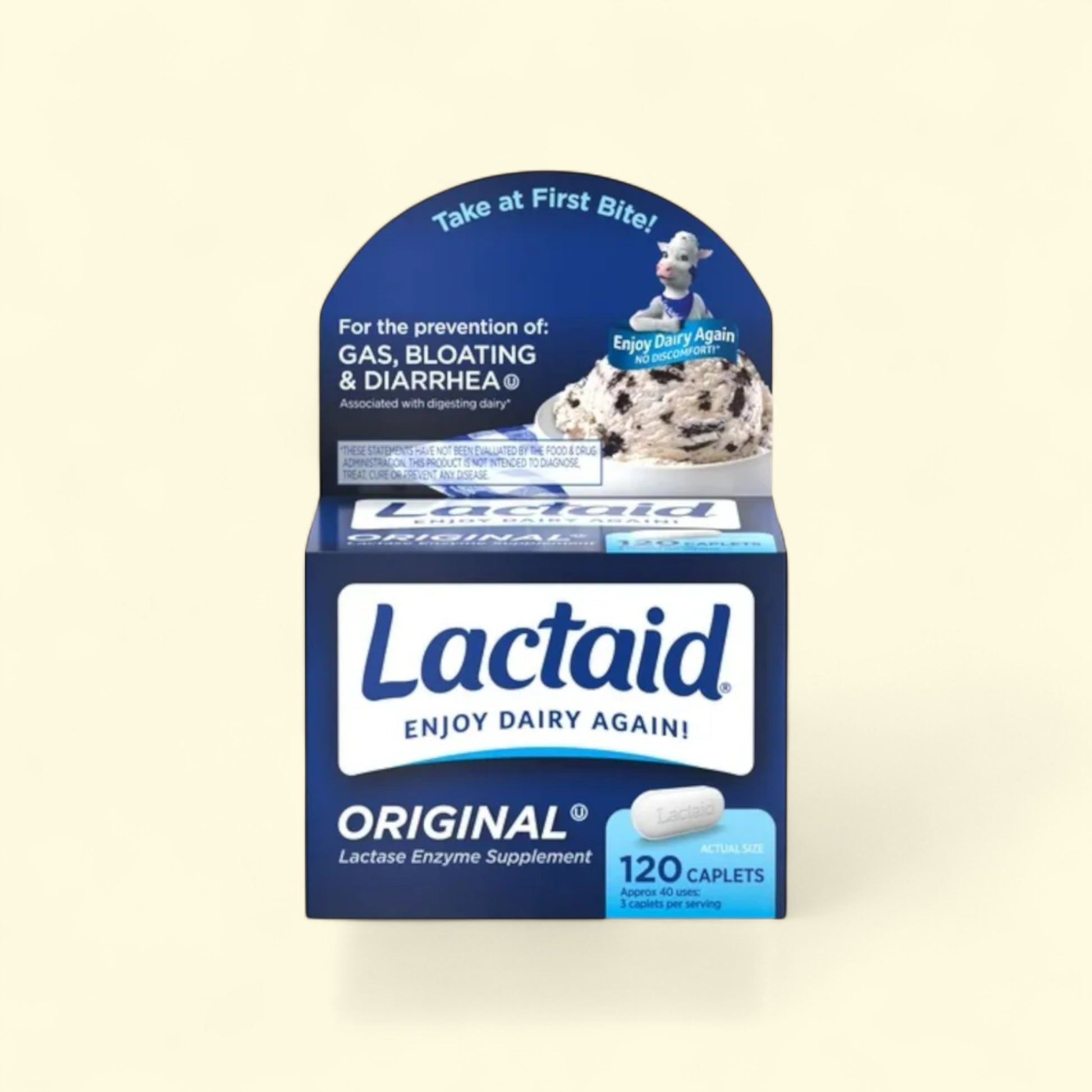 Lactaid lactose enzyme supplement packaging on a beige background