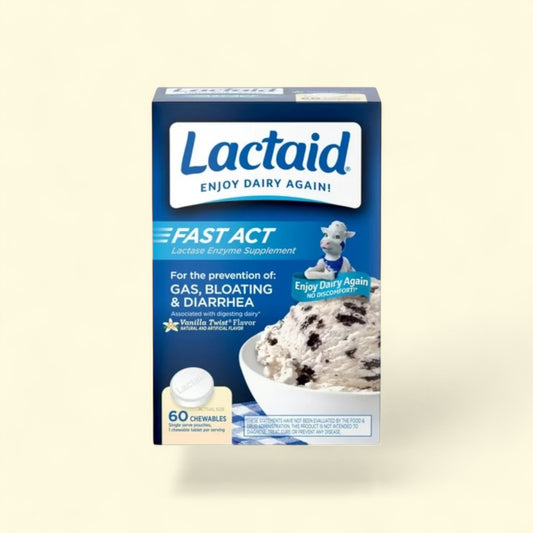 Lactaid supplement package on a beige background