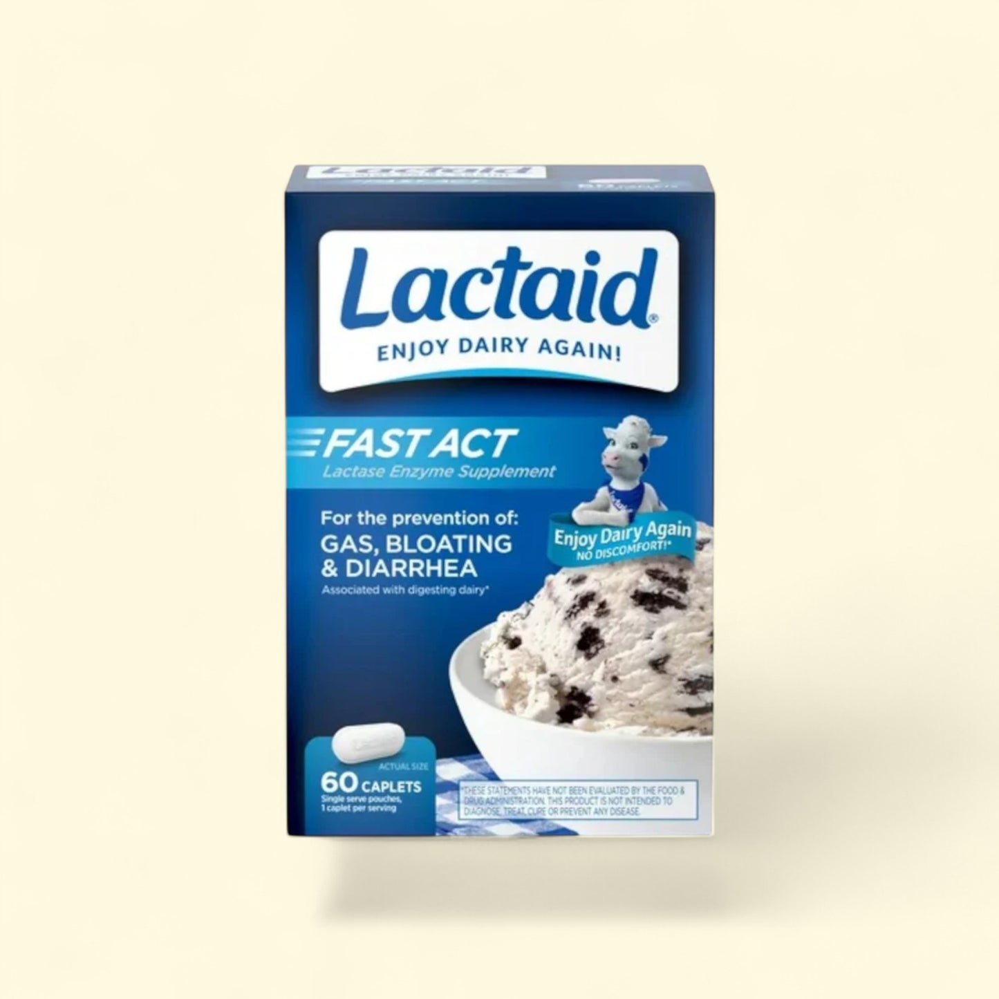 Lactaid supplement package on a beige background