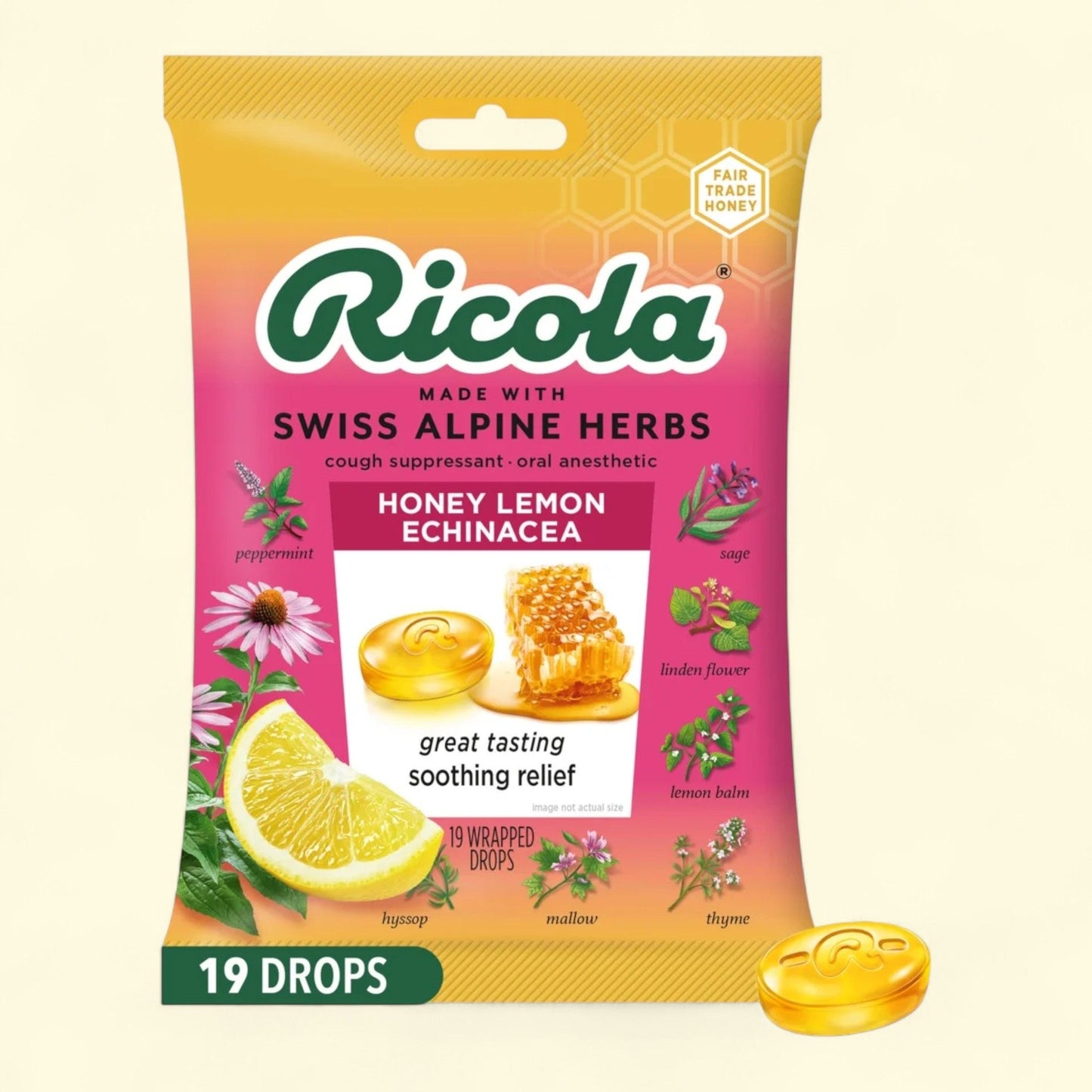 Ricola Honey Lemon with Echinacea Cough Drops, 19 Count