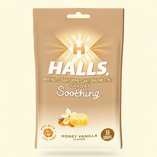 HALLS Throat Soothing Honey Vanilla Cough Drops, 30 Drops