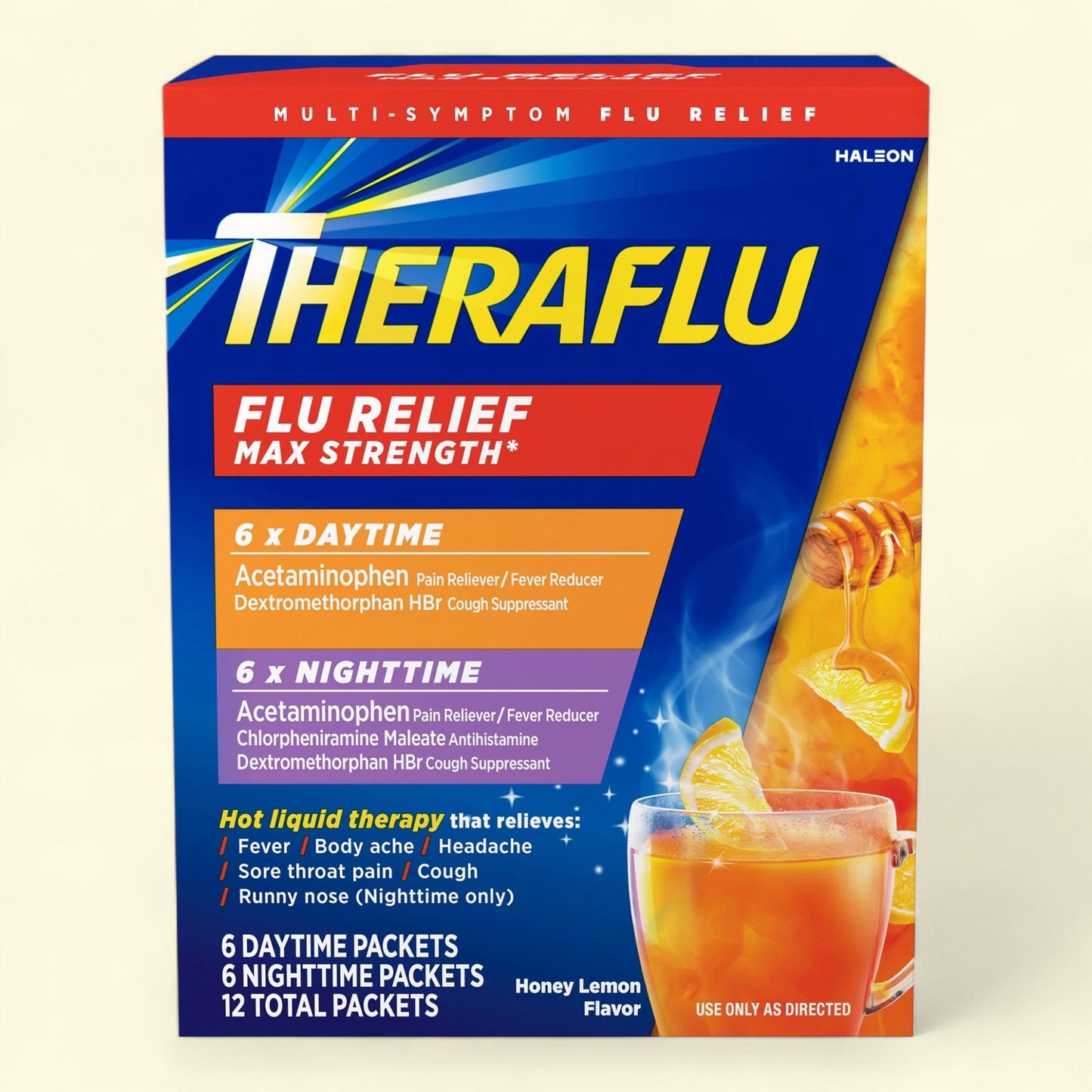 Theraflu Max Strength Cough Cold and Flu Day and Nighttime Relief Medicine Powder, 12 Count