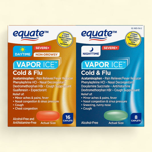 Equate Vapor Ice Severe Cold and Flu Caplets, Combo Pack, 24 Count