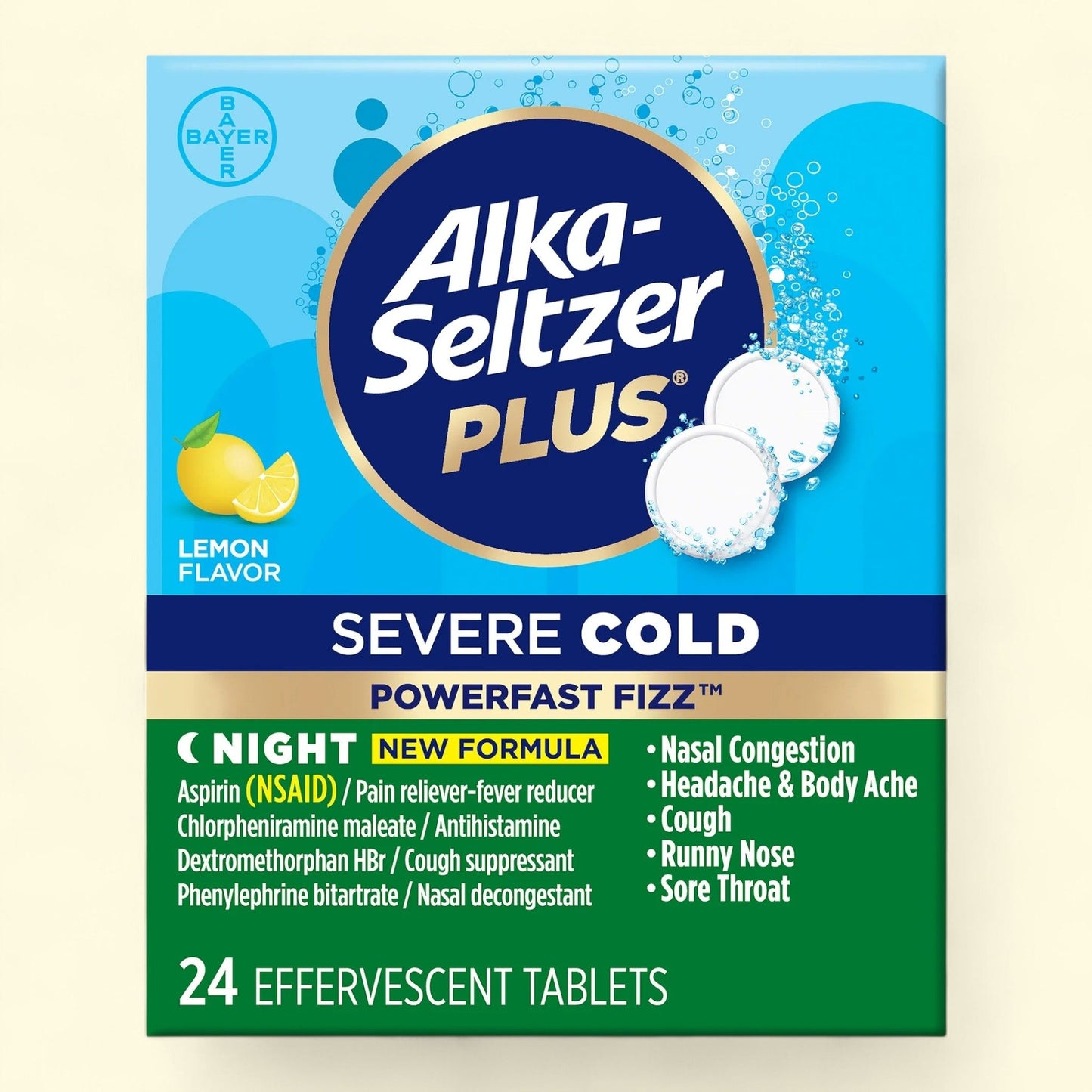 Alka-Seltzer Plus Powerfast Fizz, Lemon Effervescent Tablets, 24 Count
