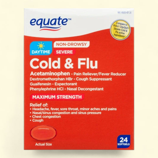 Equate Non Drowsy Daytime Severe Cold & Flu Softgels, 325mg, 24 Count