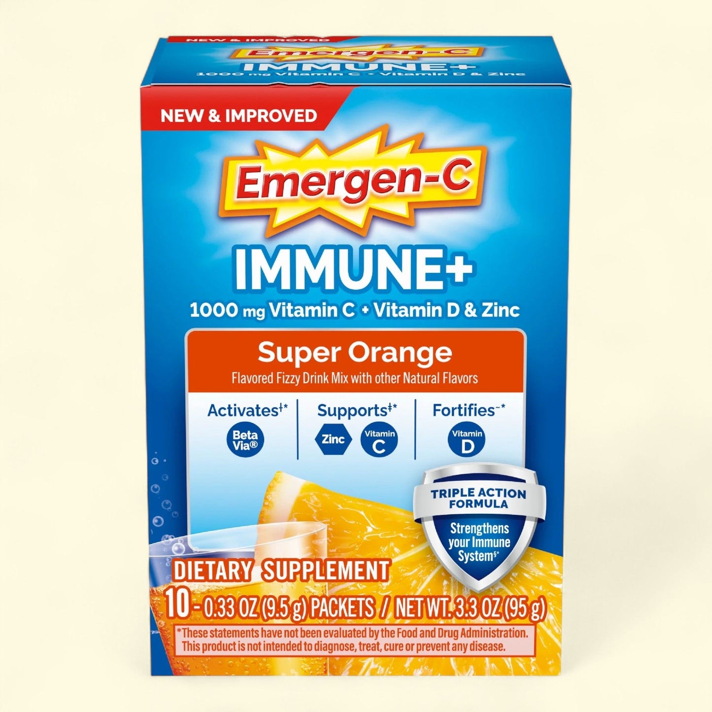 Emergen-C Immune+ Triple Action Immune Support Powder, BetaVia (R), 1000mg Vitamin C, B & D - Super Orange, 10 Ct