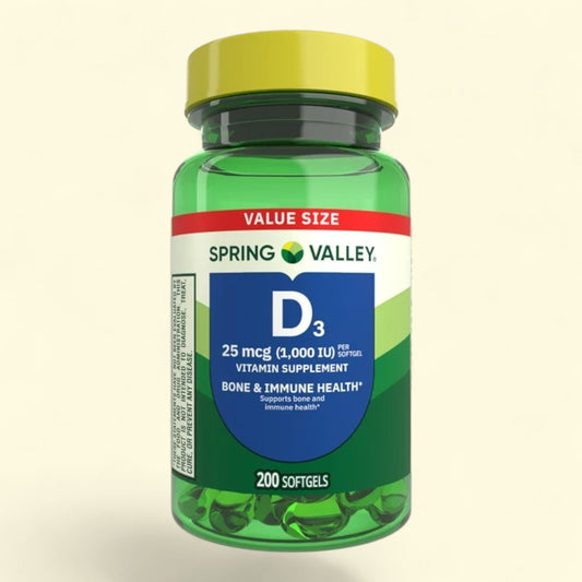 Spring Valley Vitamin D3 Supplement Softgels, 25 mcg (1000 IU), 200 Count