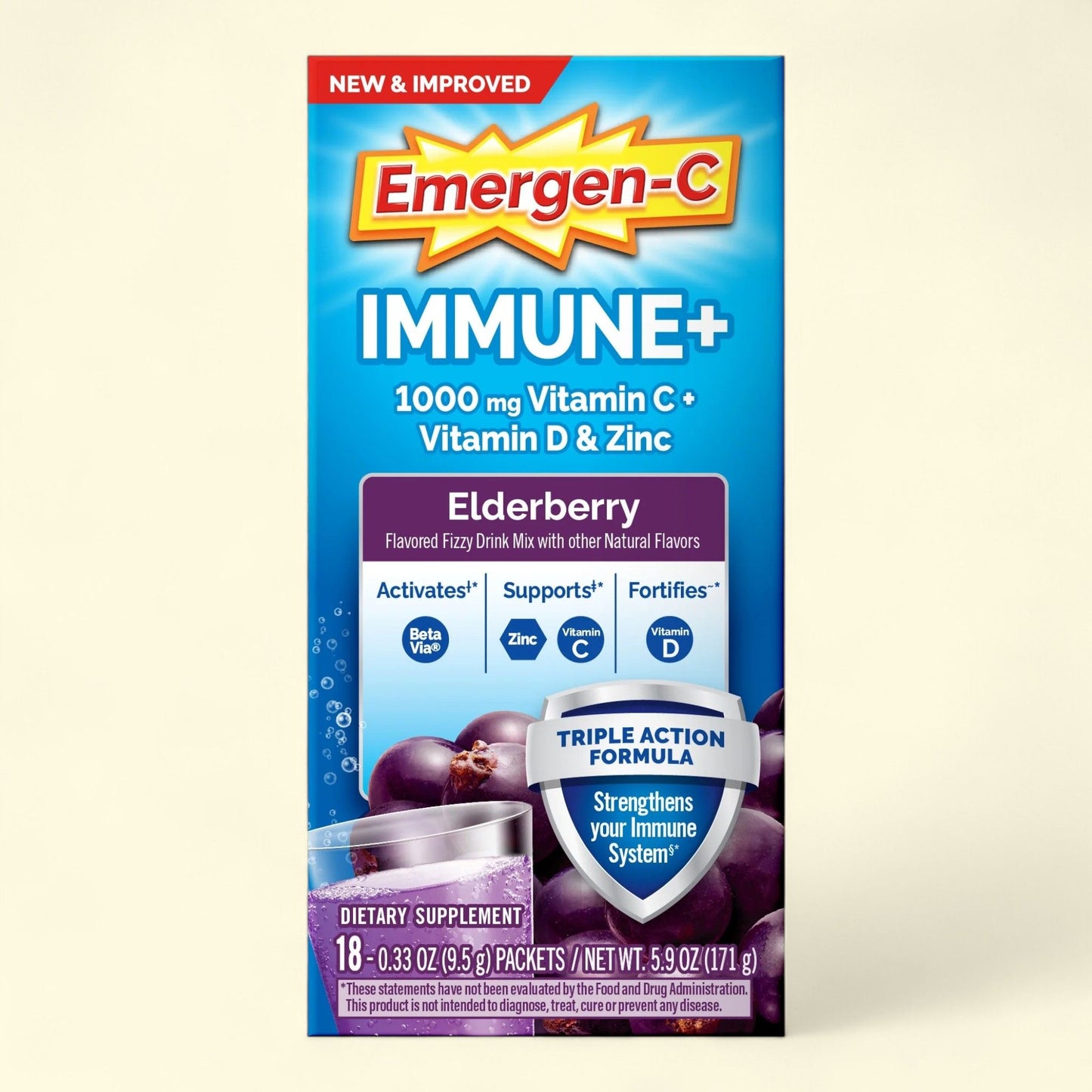 Emergen-C Immune+ Vitamin C Powder, Elderberry, 18 Ct