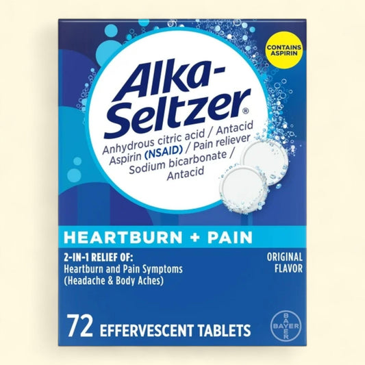 Alka-Seltzer Heartburn and Pain Relief, Aspirin + Antacid Effervescent Tablets, 72 Count