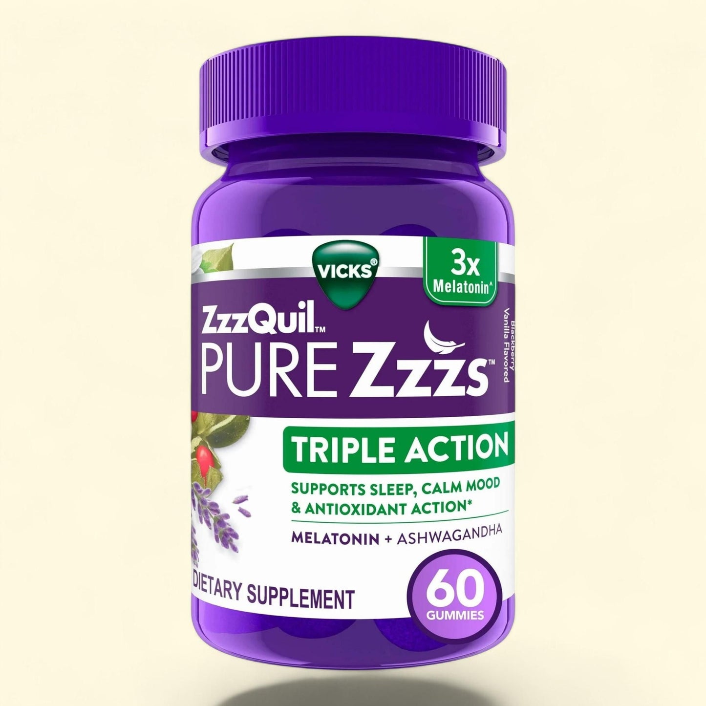 Vicks ZzzQuil Pure Zzzs Triple Action Sleep Aid Melatonin Gummies, 60 Count