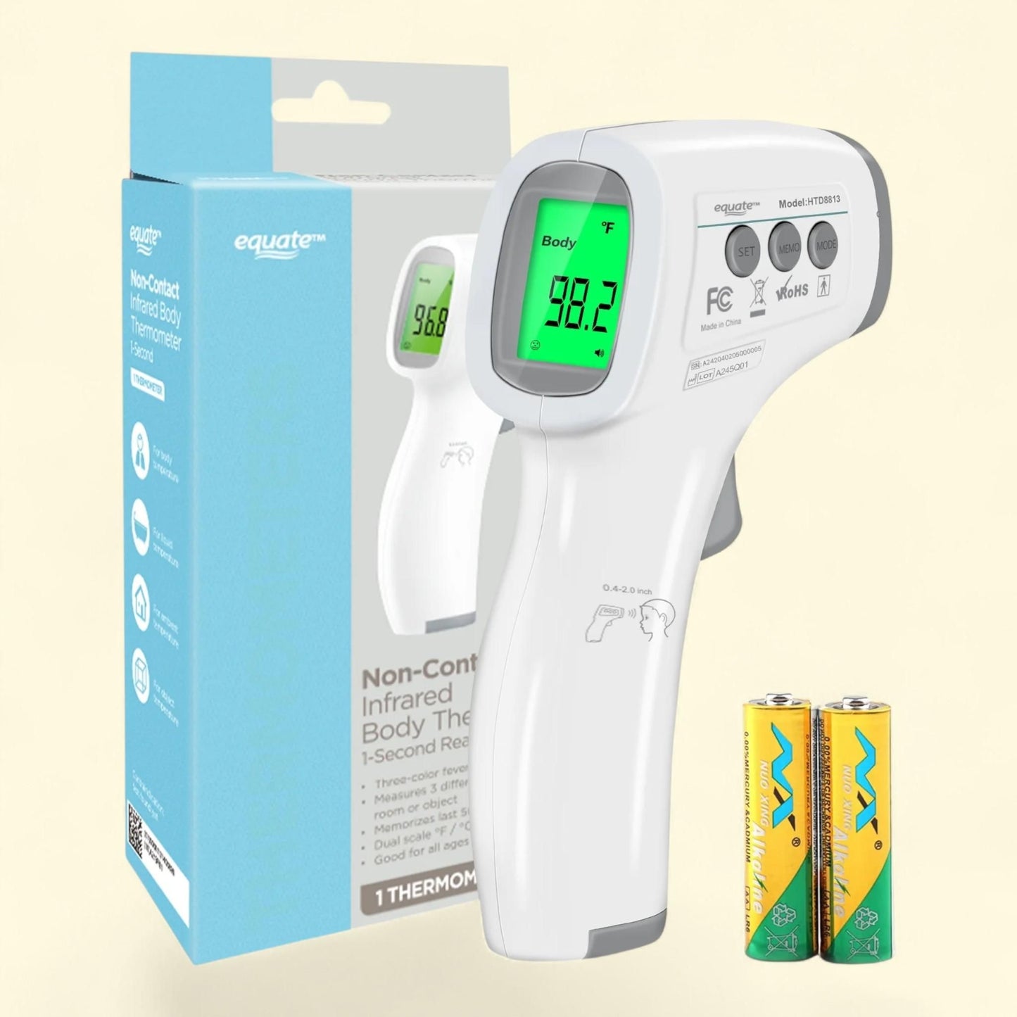 Equate Infrared No Touch Forehead Body Thermometer, 1-second, 3-color backlight, All ages