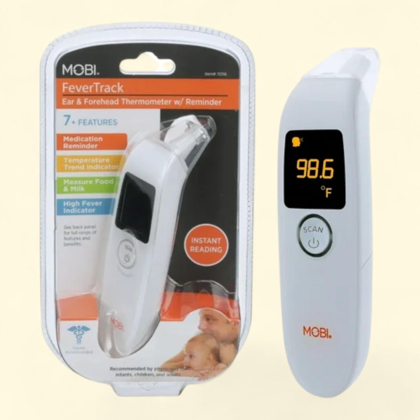 MOBI DualScan FeverTrack Thermometer, Ear & Forehead, Medical Grade, w/ Medication Reminder Alarm