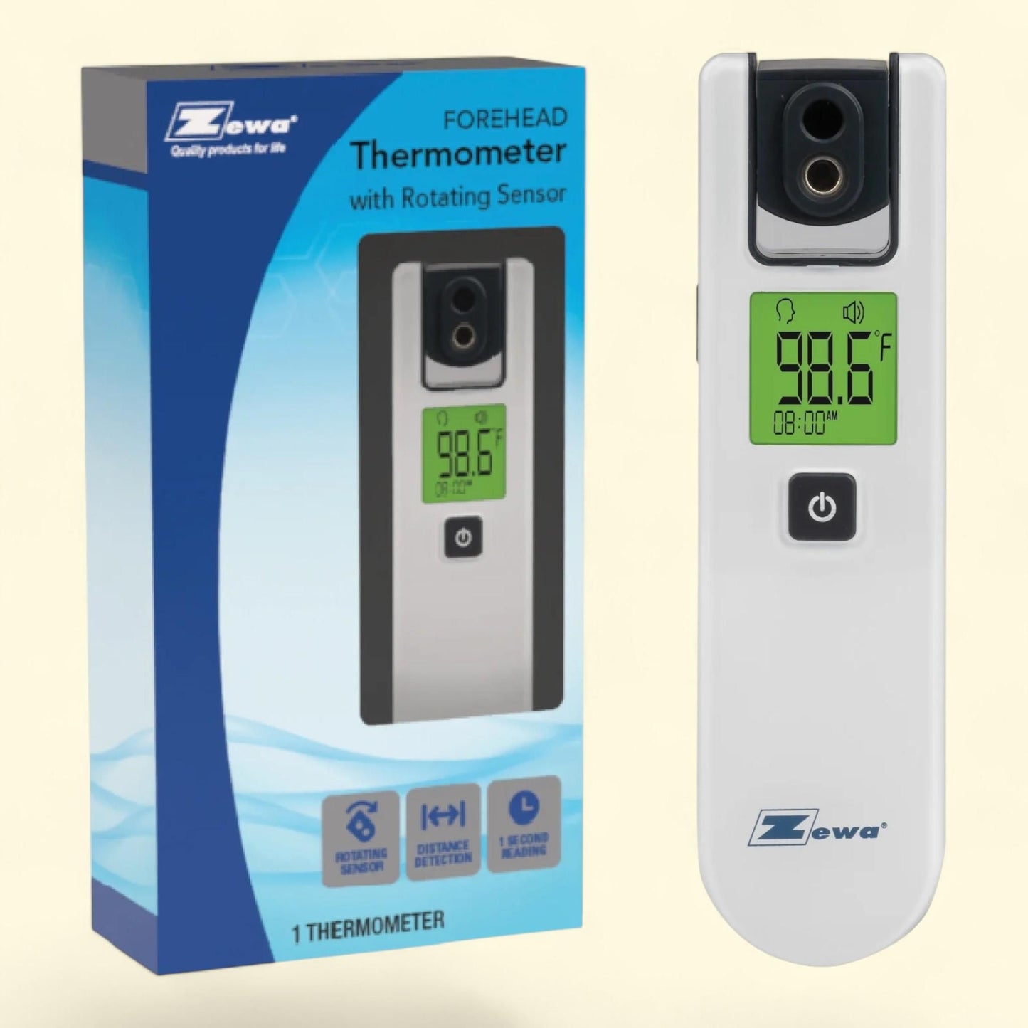 Zewa Infrared Thermometer, 4-Way Rotating, Forehead Non-Touch, Fast 1-Second Reading, Distance Detection, LCD 3-Color Display, Memory Recall, Measures Person & Objects