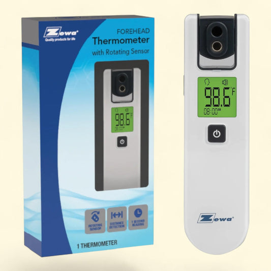 Zewa Infrared Thermometer, 4-Way Rotating, Forehead Non-Touch, Fast 1-Second Reading, Distance Detection, LCD 3-Color Display, Memory Recall, Measures Person & Objects