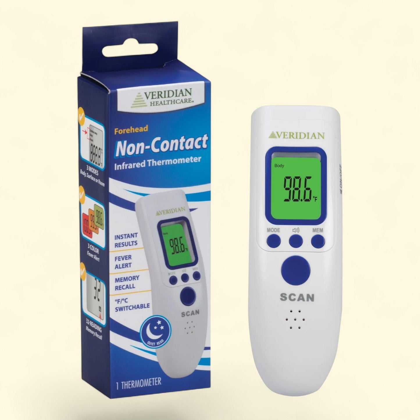 Veridian Forehead Thermometer, 1-Second Readout, 3-Color Fever Alert Display