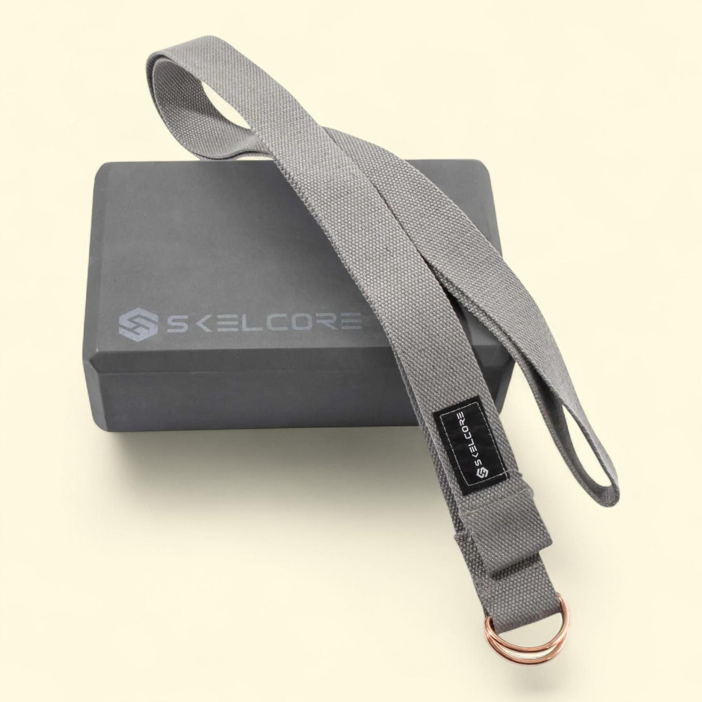 Skelcore Yoga Foam Block and Strap Set, Adjustable D-Ring Buckle, (3" x 6" x 9")
