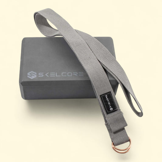 Skelcore Yoga Foam Block and Strap Set, Adjustable D-Ring Buckle, (3" x 6" x 9")