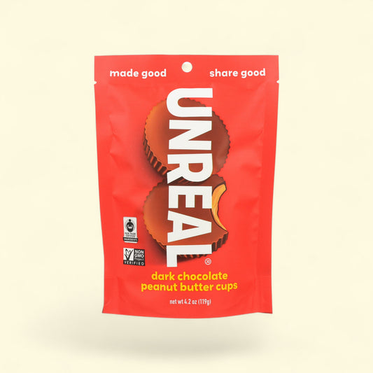 Red package of Unreal dark chocolate peanut butter
