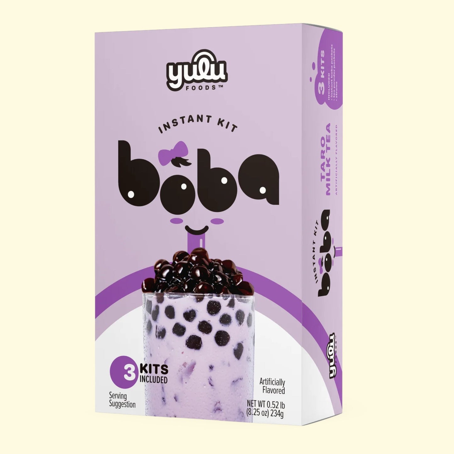 Purple packaging of boba instant kit with 'boba' text and a bubble tea illustration on a white background.
