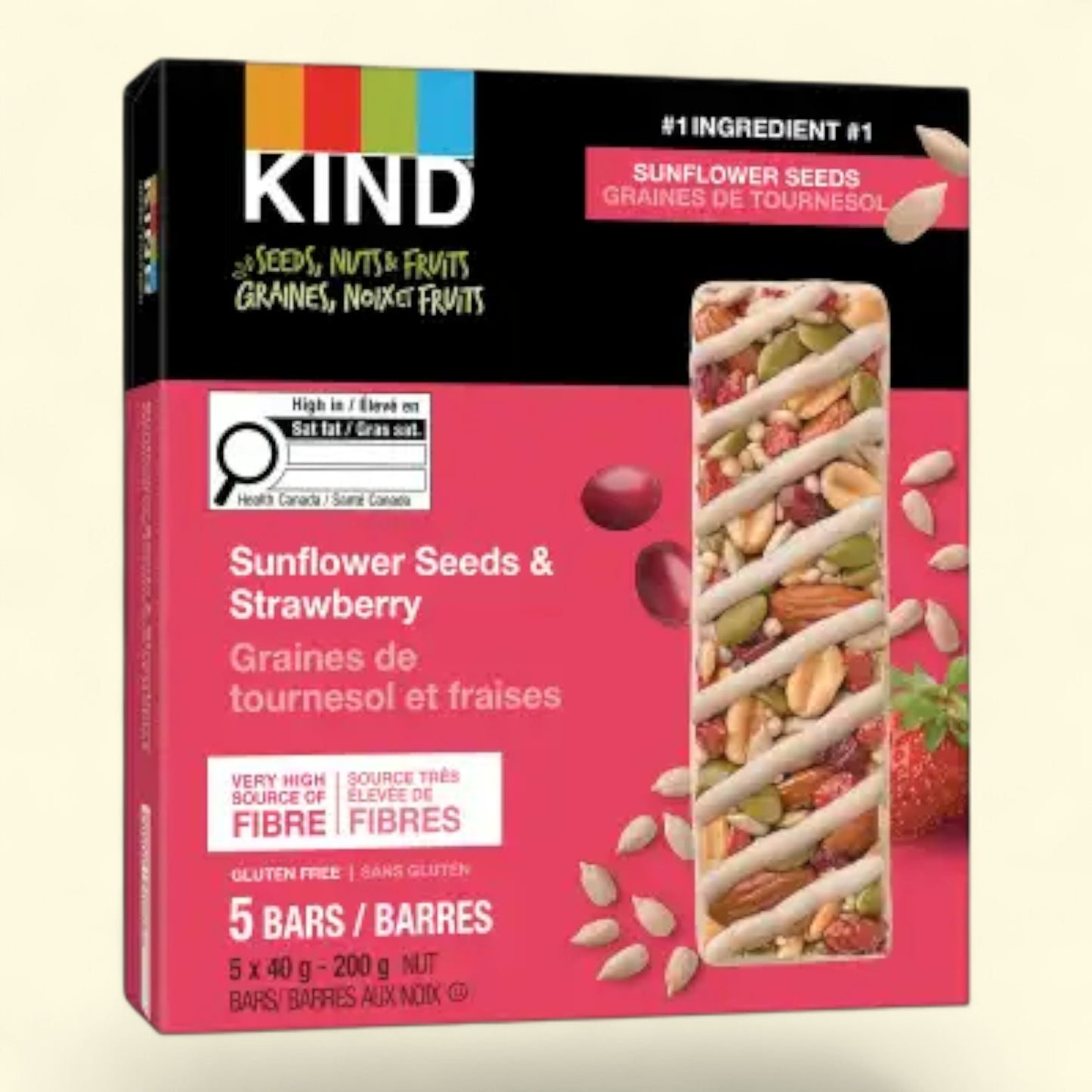 Kind Sunflower Seeds & Strawberry bar packaging on a beige background