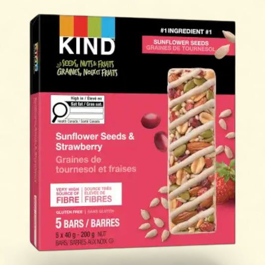 Kind Sunflower Seeds & Strawberry bar packaging on a beige background