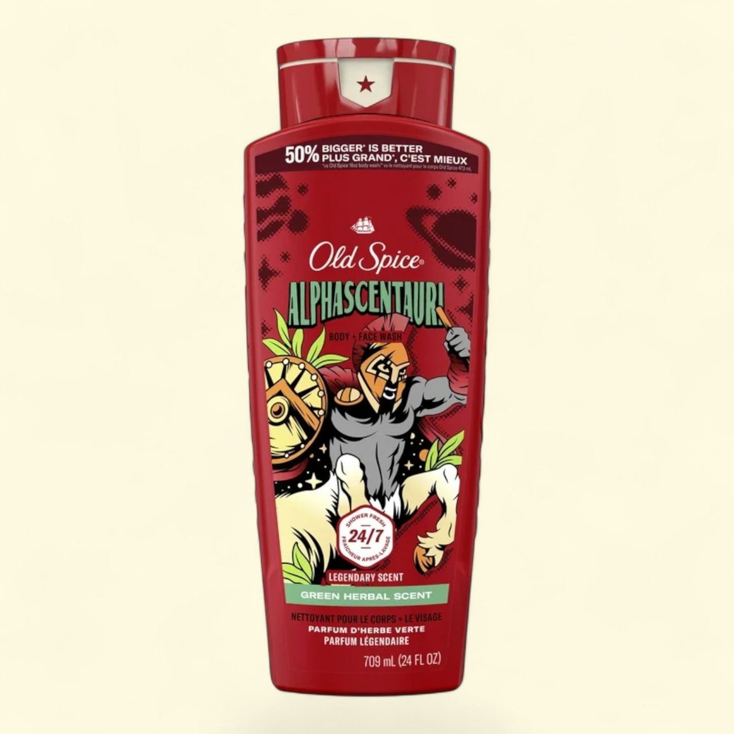 Red Old Spice Alphascentauri bottle on a beige background