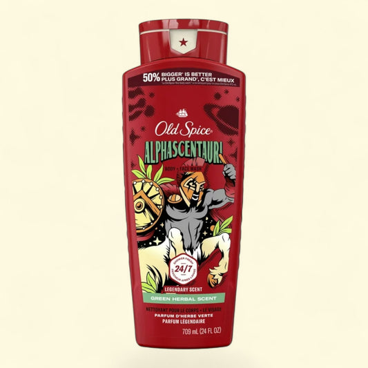 Red Old Spice Alphascentauri bottle on a beige background