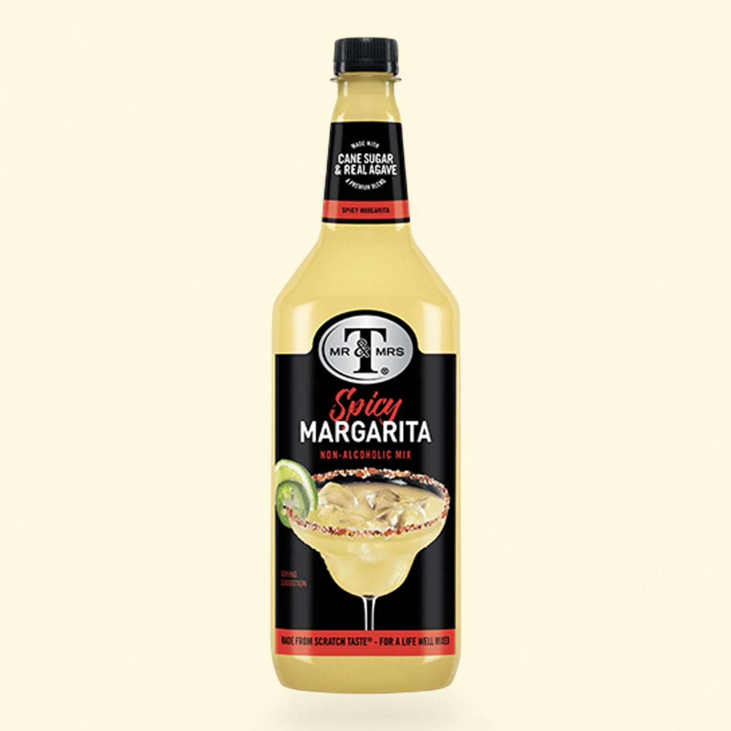 Bottle of Mr & Mrs Spicy Margarita on a white background