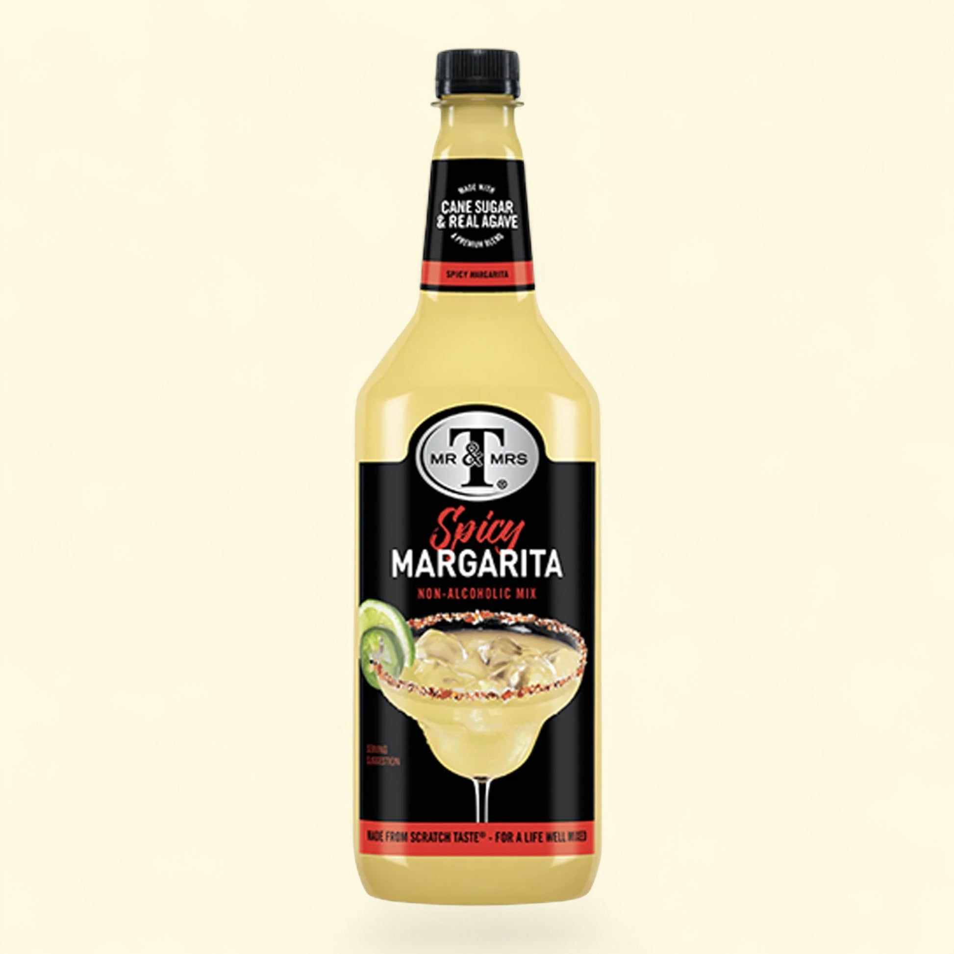Bottle of Mr & Mrs Spicy Margarita on a white background