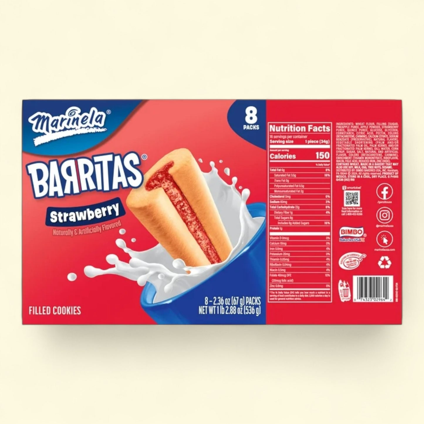 Box of Marinela Barritas Strawberry filled cookies with a milk splash graphic on a beige background