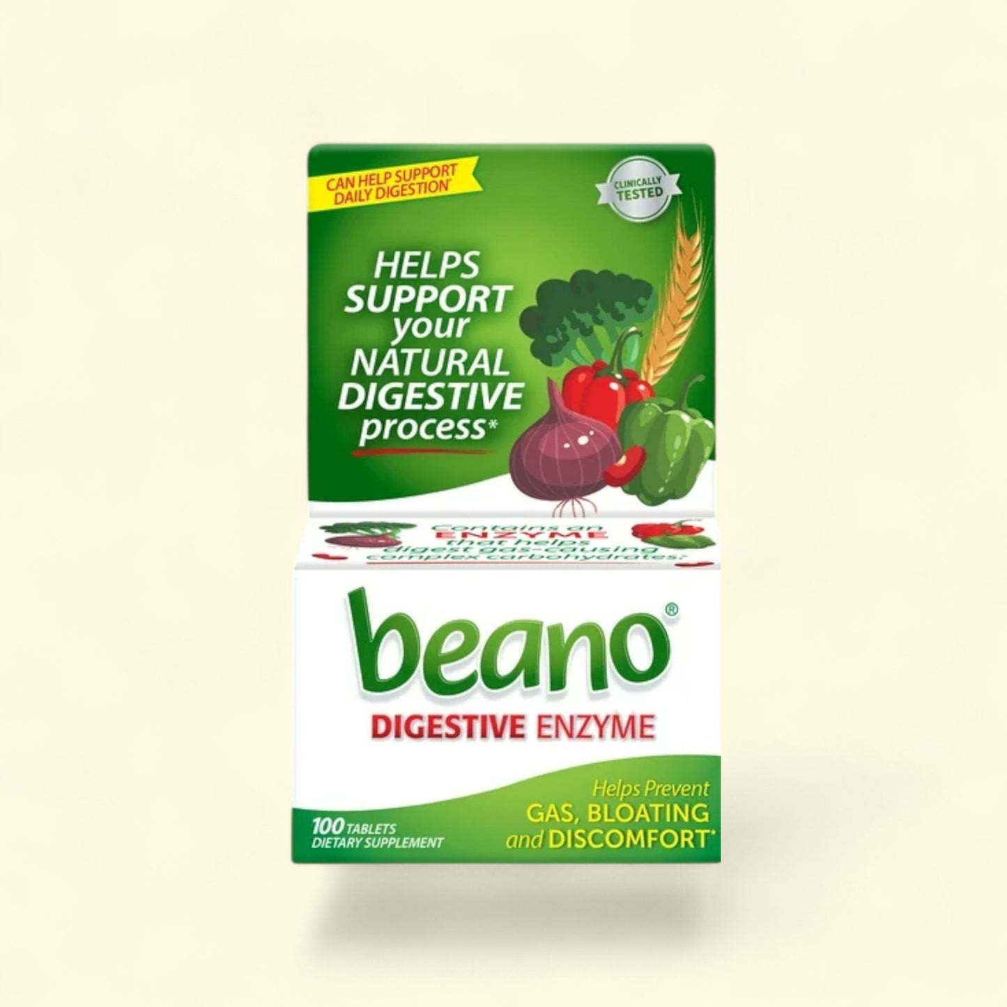 Box of beano digestive enzyme supplement on a beige background