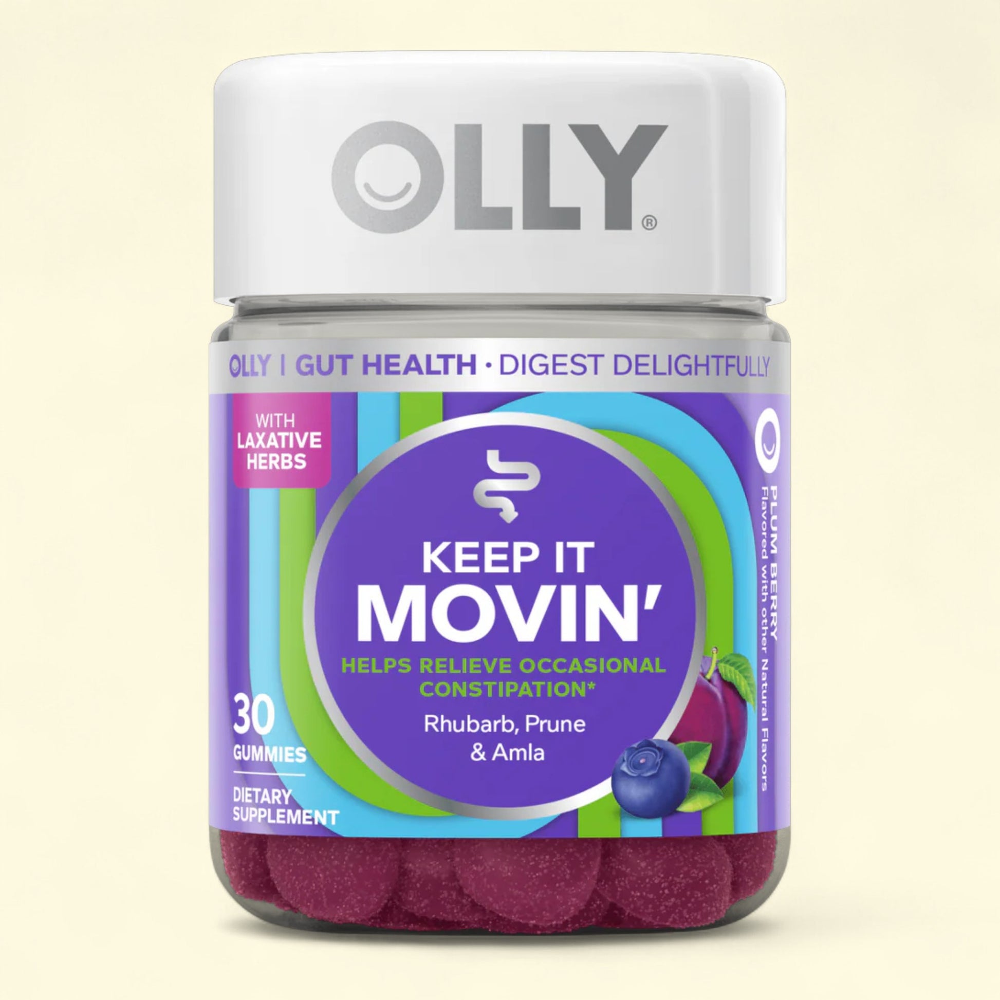 OLLY supplement jar labeled 'Keep It Movin'' on a beige background
