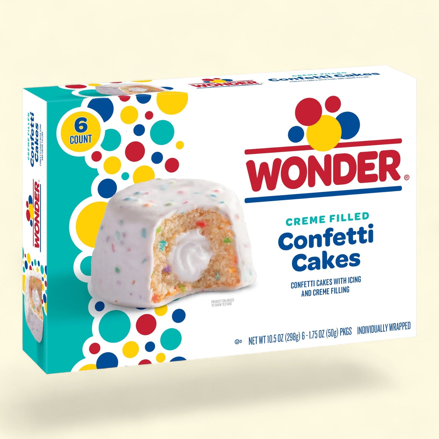 Box of Wonder Creme Filled Confetti Cakes on a beige background