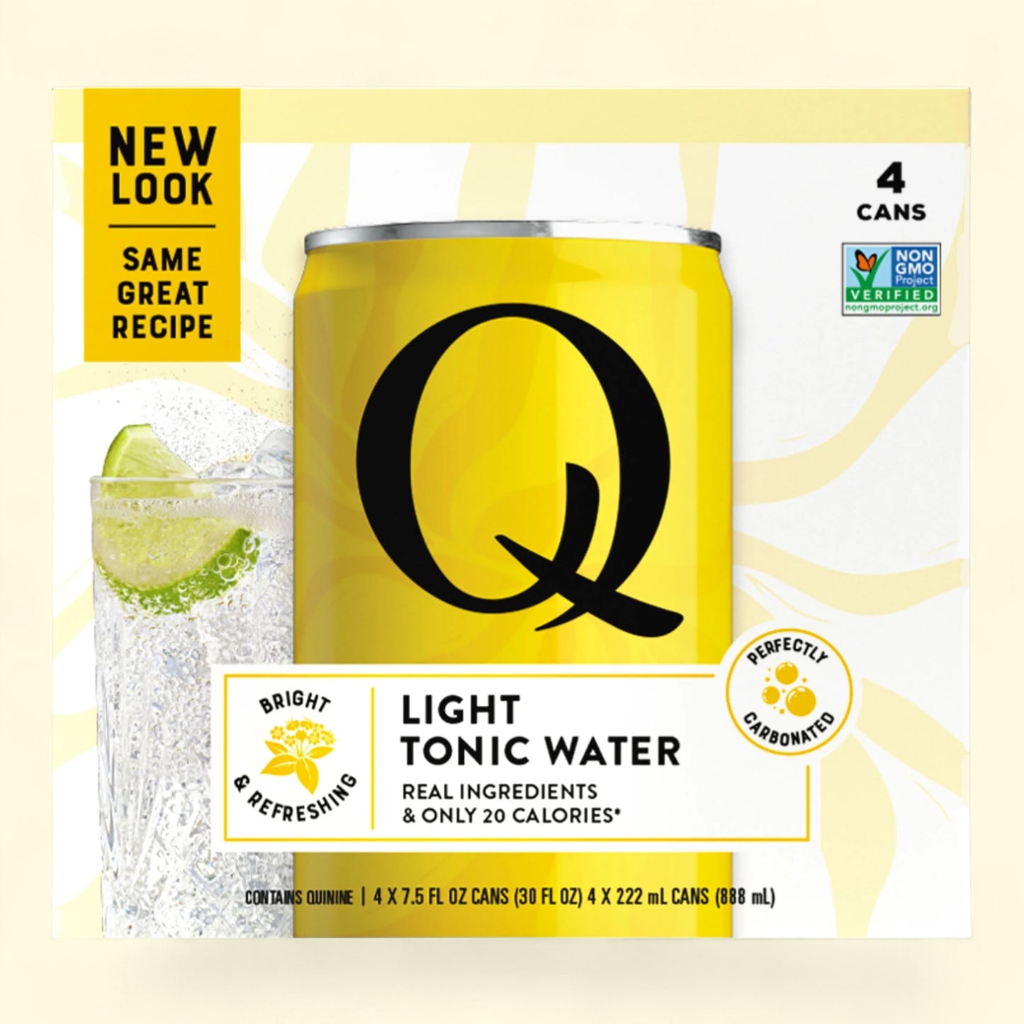 Q Light Tonic Water can with packaging on a light yellow background