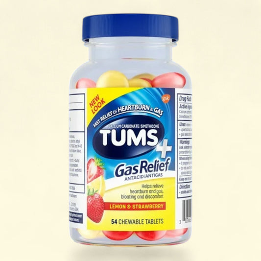 TUMS Gas Relief chewable tablets bottle on a beige background