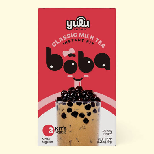 Yulu Foods Classic Milk Tea Boba instant kit packaging on a beige background