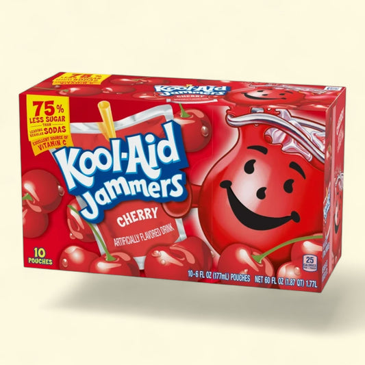 Box of Kool-Aid Jammers Cherry flavor on a beige background