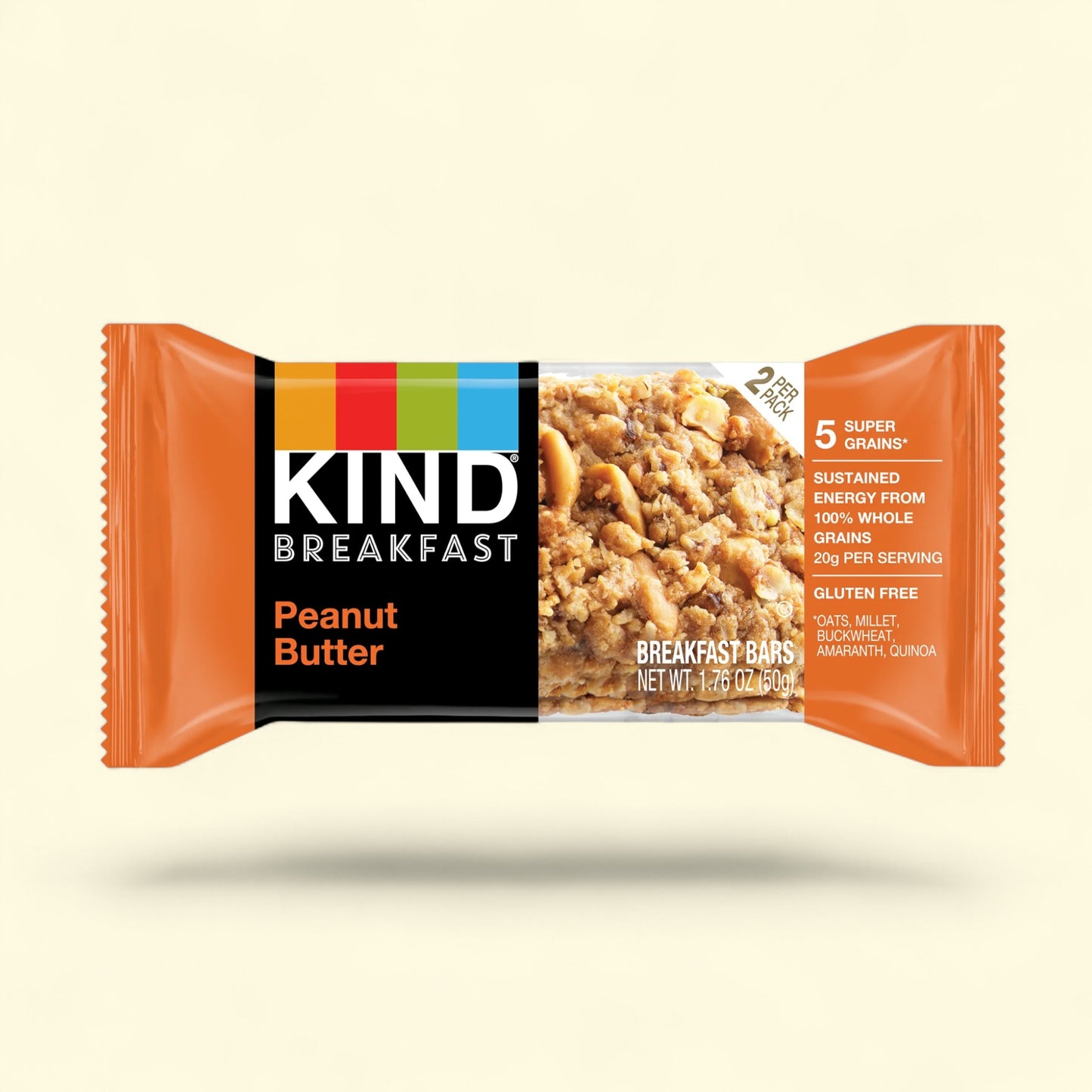 Kind Peanut Butter Breakfast Bar packaging on a beige background