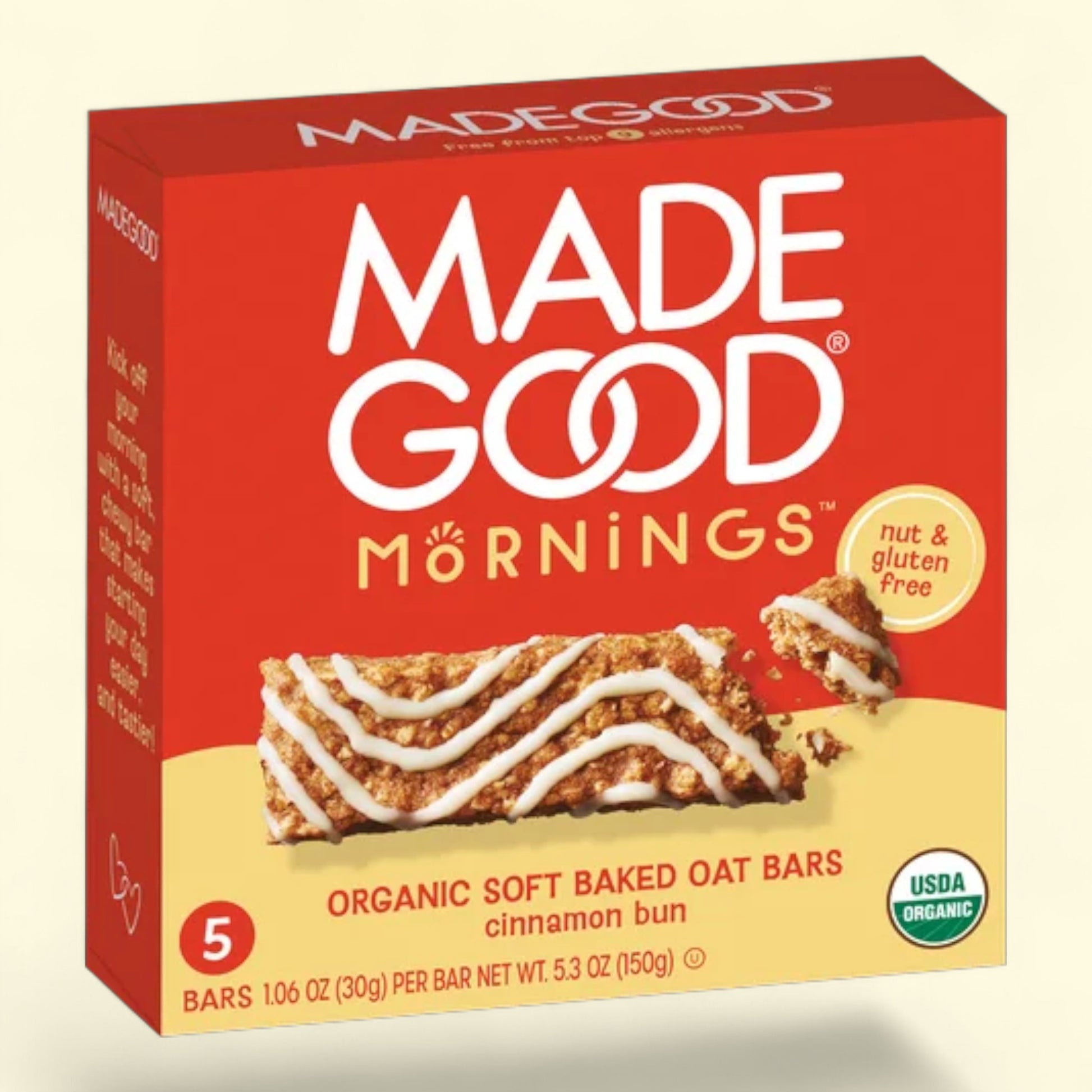 Made Good Mornings organic soft baked oat bars cinnamon bun on a beige background