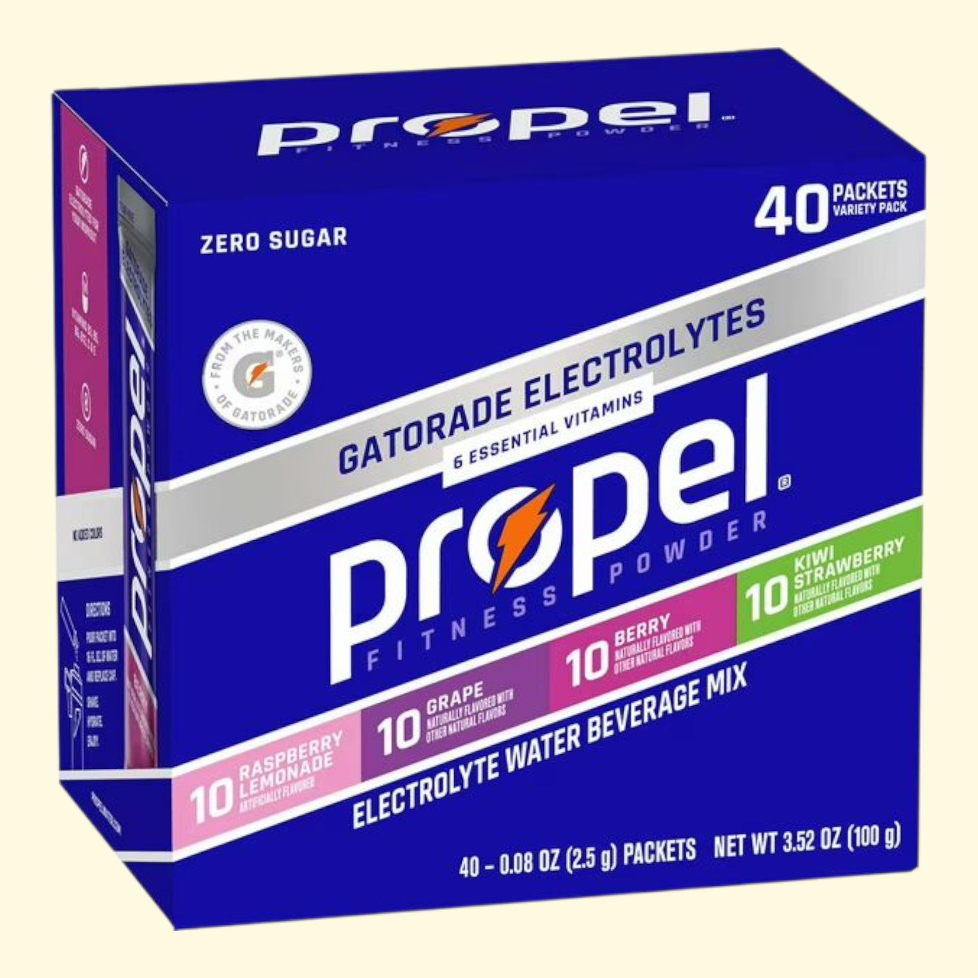 Box of Propel Fitness Powder on a beige background