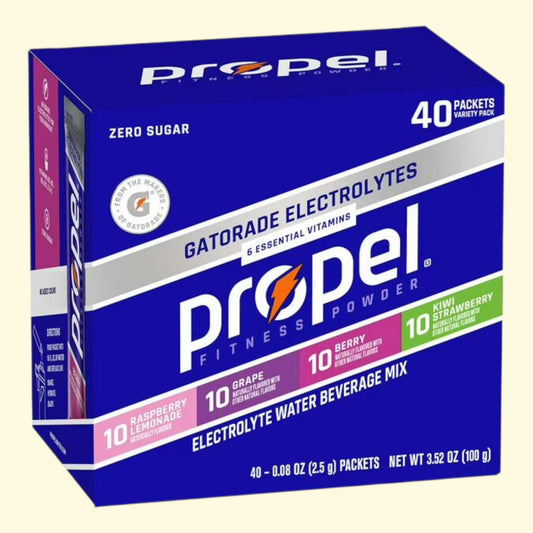 Box of Propel Fitness Powder on a beige background