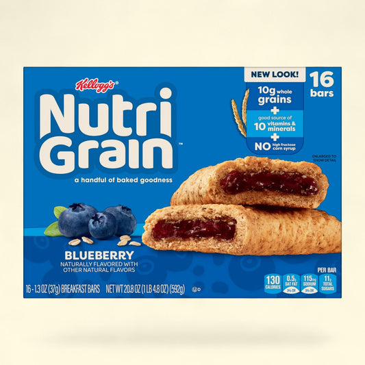 Box of Kellogg's Nutri-Grain Blueberry breakfast bars on a beige background