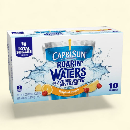 Box of Capri Sun Roarin' Waters Tropical Punch flavored water beverage on a white background