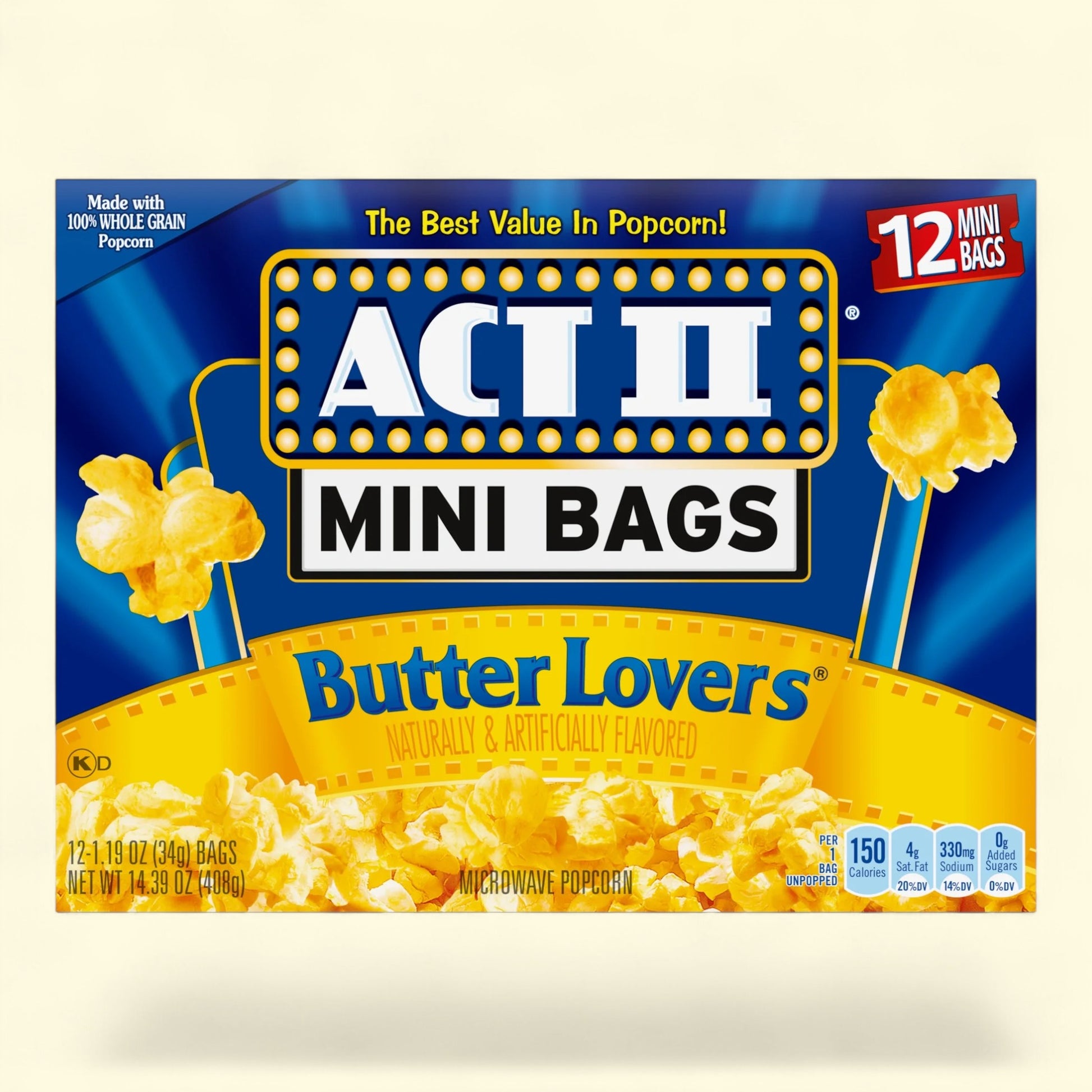 Box of Act II Butter Lovers 12 mini bags popcorn on a beige background