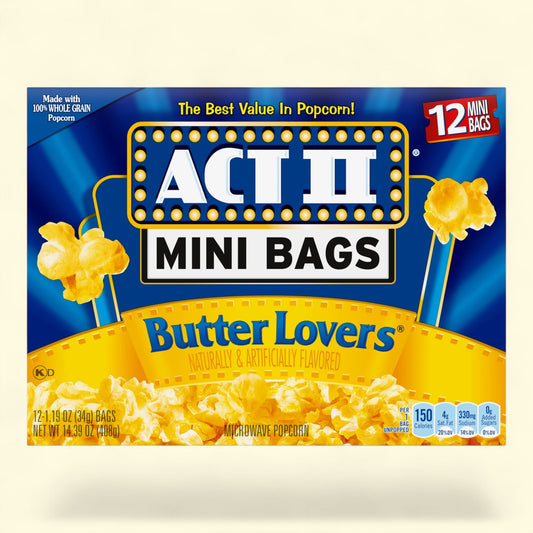 Box of Act II Butter Lovers 12 mini bags popcorn on a beige background