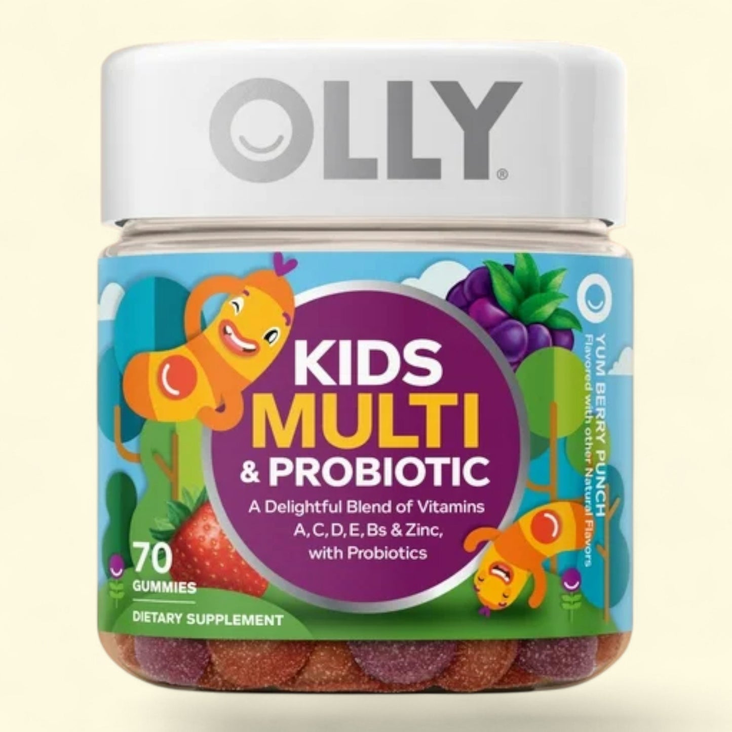 Olly Kids Multi & Probiotic gummy supplement jar on a light beige background